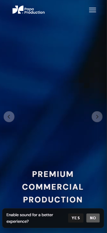 Mobile hero view with cinematic video background and Papa Production branding